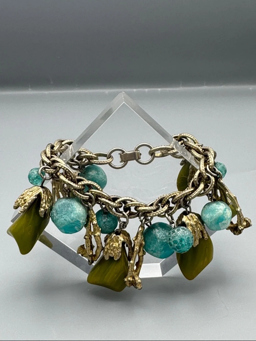 Gold-Tone Charm Bracelet with Teal and Olive Beads